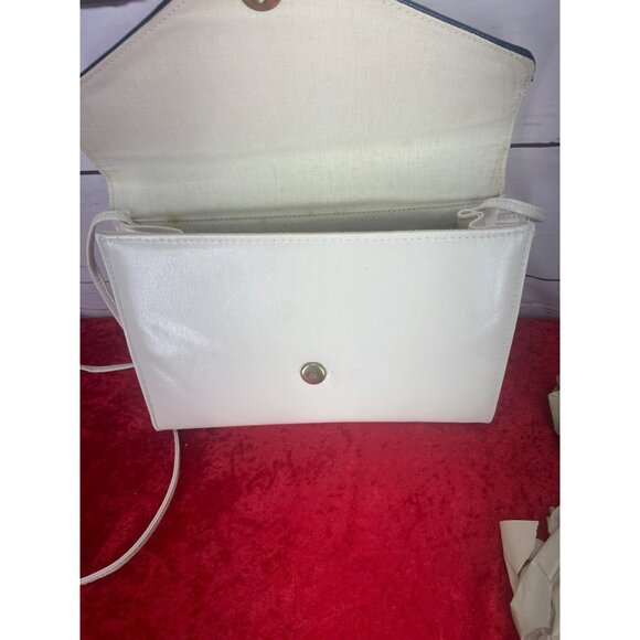 White Leather Clutch With Long Shoulder Strap - Navy Trim - Picture 6 of 7